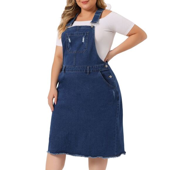 Plus Size Jean Skirt Distressed Racerback Suspender Denim Overall Dress Blue - Picture 2 of 6